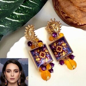 Celestial Sun Moon Earrings Vintage Style Tile 90’s Vibe Ornate Beaded Purple